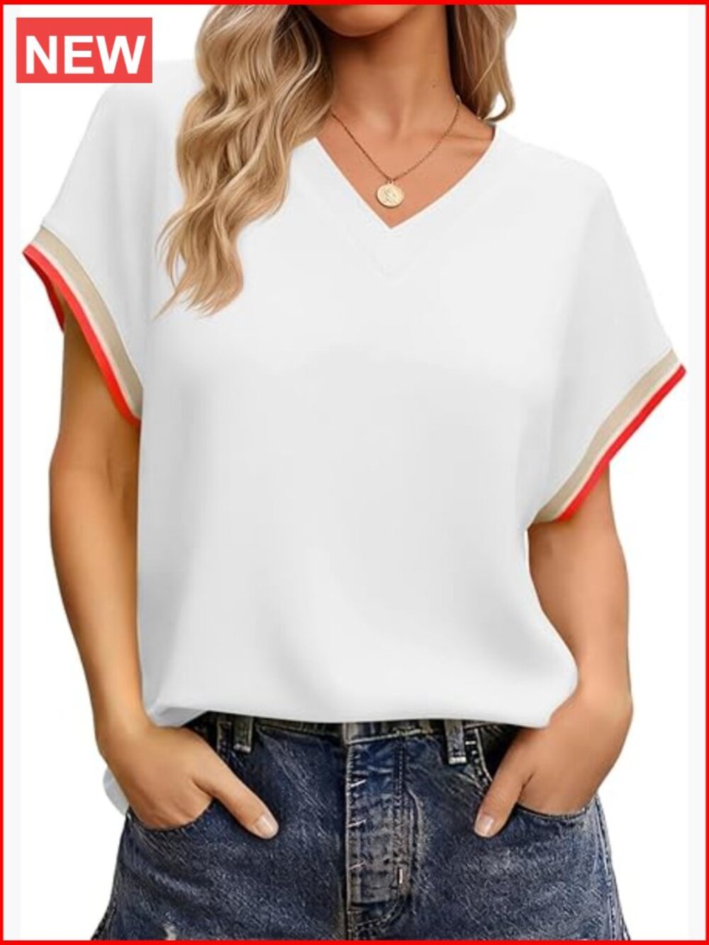 V Neck Oversized Color Block Tee - Soft Stretchy Short Sleeve